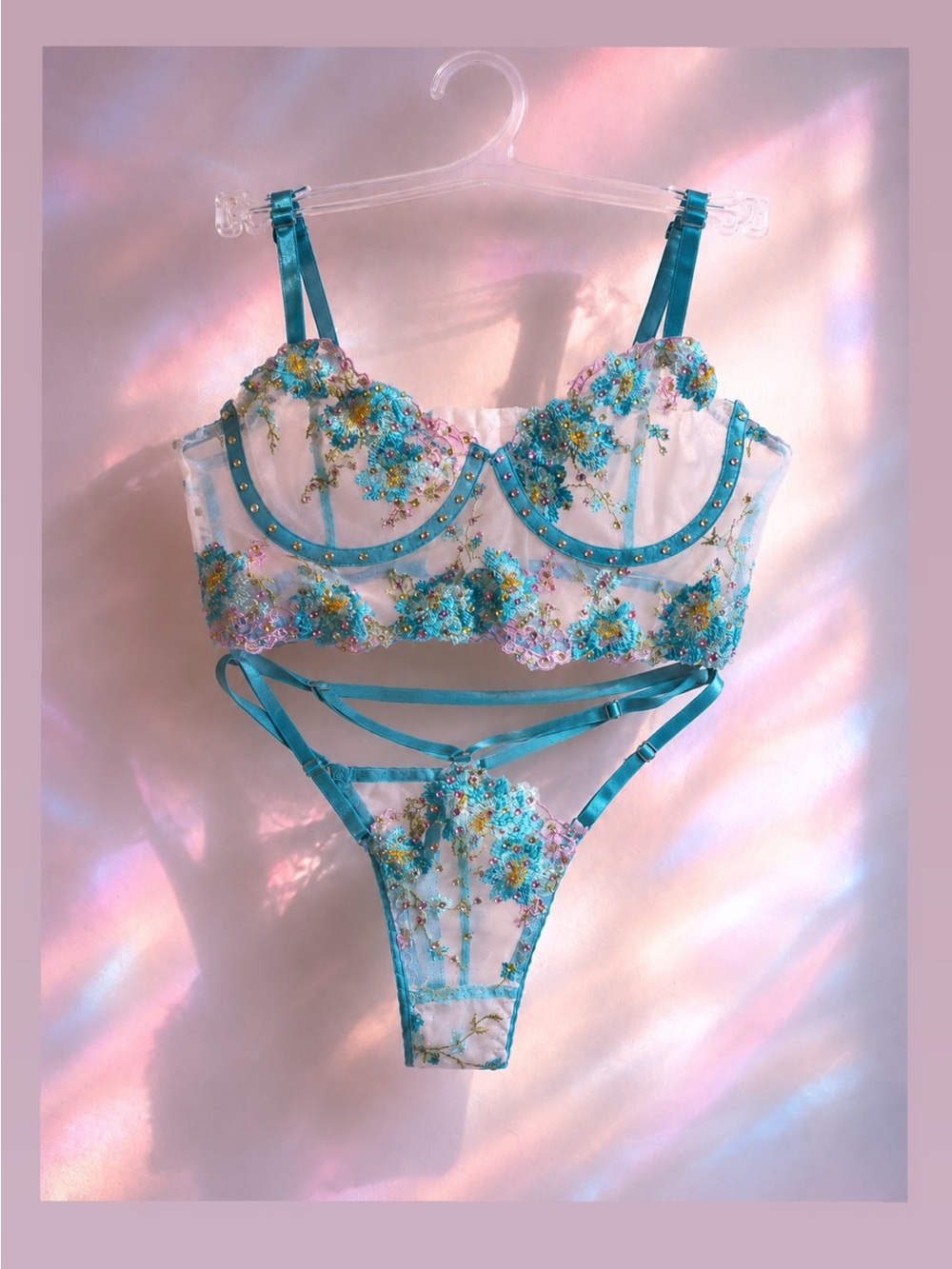 Turquoise Floral Embroidered Lingerie Set by